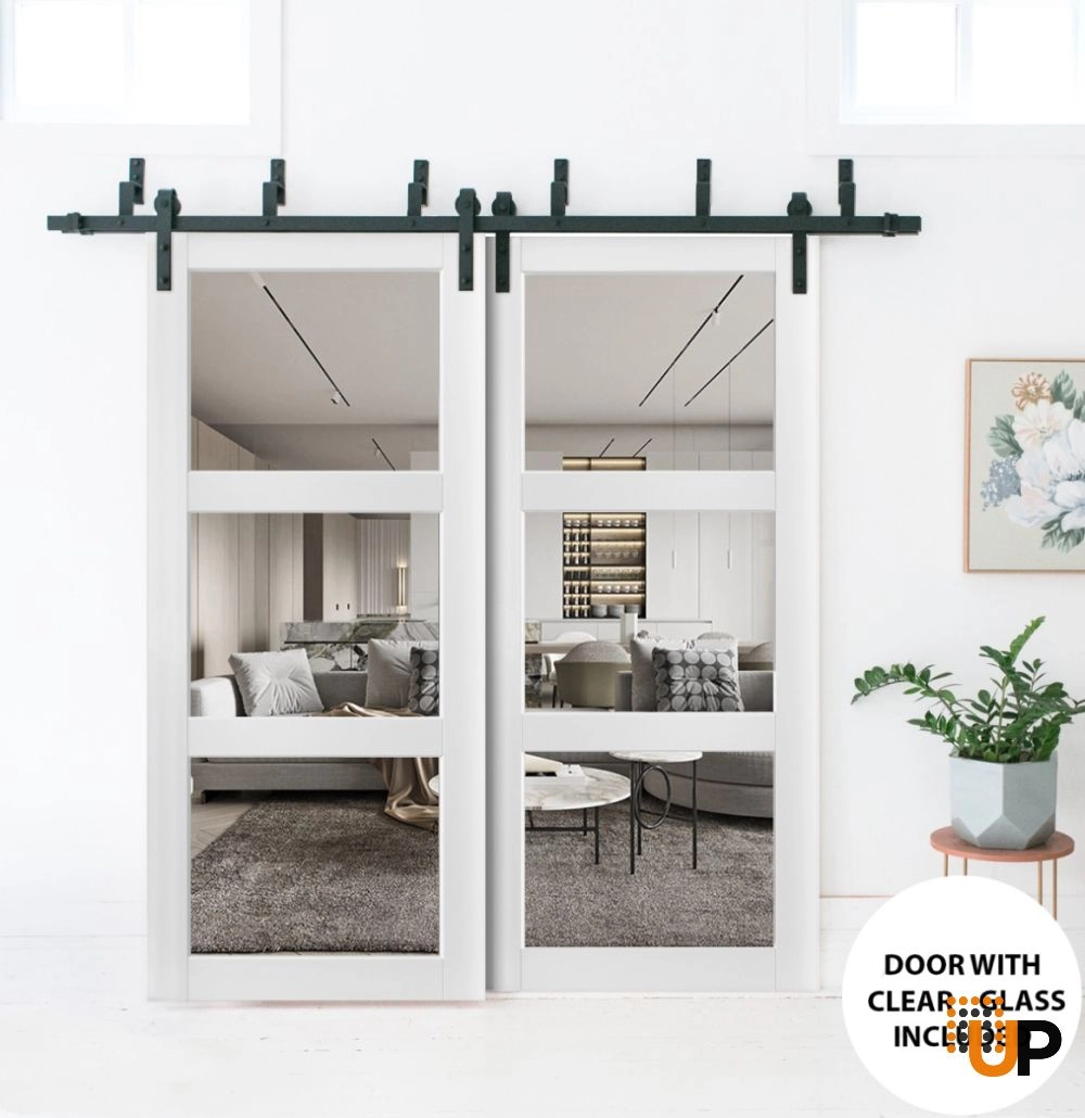 Double solid core sliding luxury interior barn bypass door with clear glass | Lucia 2555 White | 36 x 80 (2* 18x80) photo#2