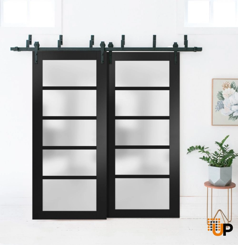 Single mdf luxury interior door slab with frosted glass | Quadro 4002  Black Matte | 18 x 80 photo#2