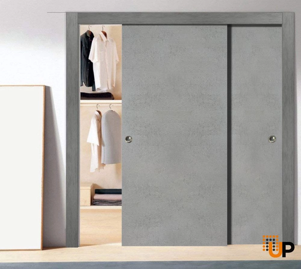Double solid wood with honeycomb sliding modern interior closet bypass door | Planum 0010 Concrete | 36 x 80 (2* 18x80) photo#2