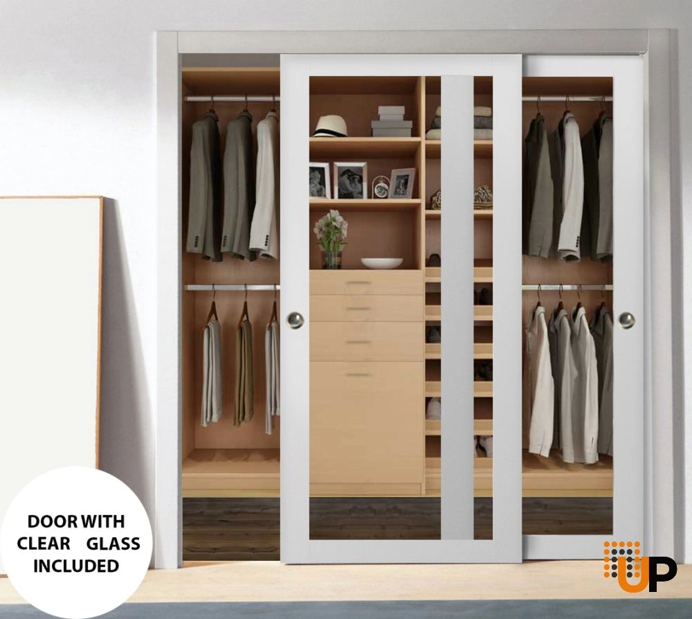 Double solid core sliding luxury interior closet bypass door with clear glass | Lucia 2166 White | 36 x 80 (2* 18x80) photo#2