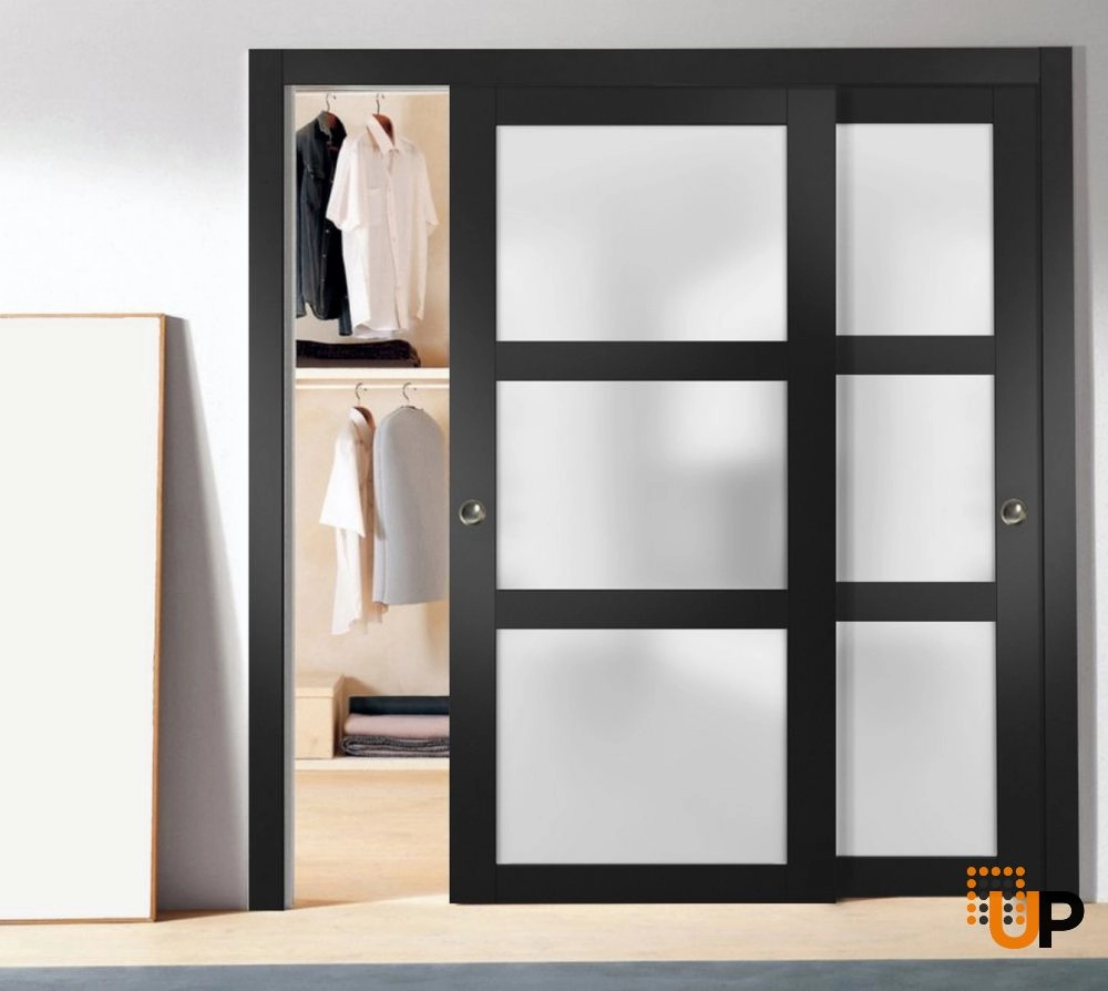 Double solid core sliding luxury interior closet bypass door with frosted glass | Lucia 2552 Black Matte | 36 x 80 (2* 18x80) photo#2