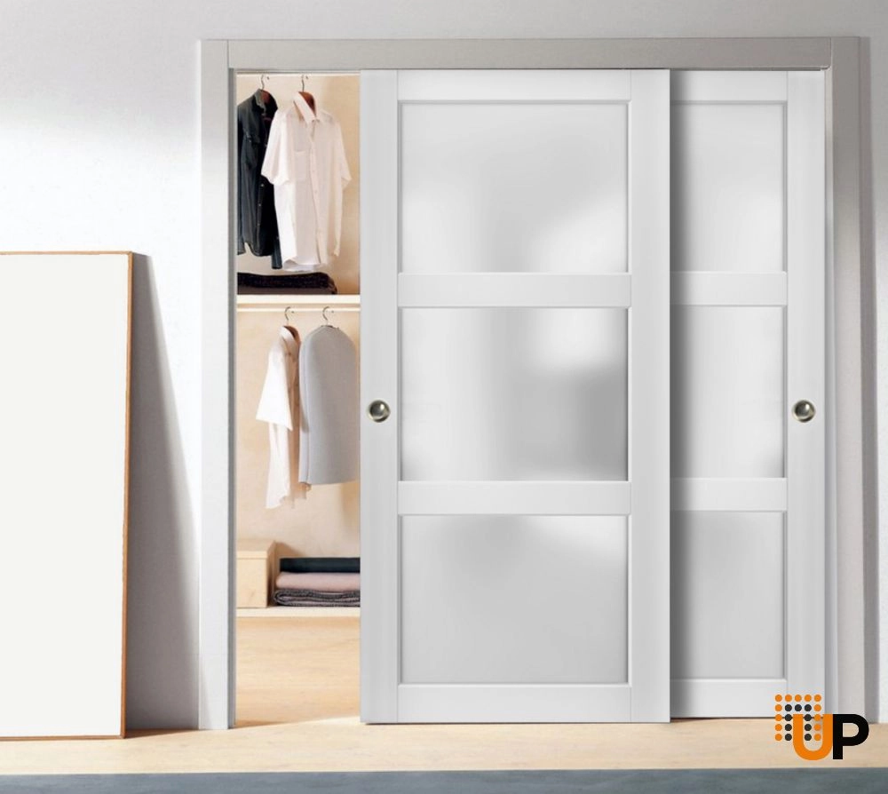 Double solid core sliding luxury interior closet bypass door with frosted glass | Lucia 2552 White | 36 x 80 (2* 18x80) photo#2