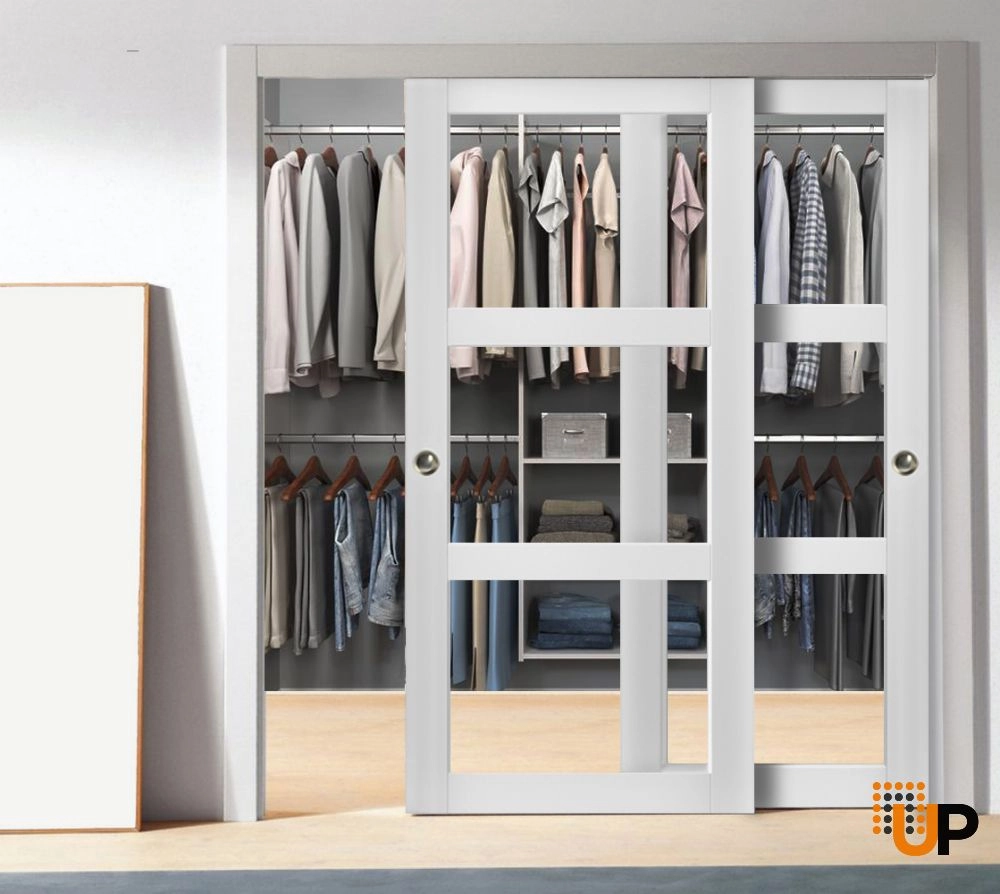 Double solid core sliding luxury interior closet bypass door with clear glass | Lucia 2555 White | 36 x 80 (2* 18x80) photo#2