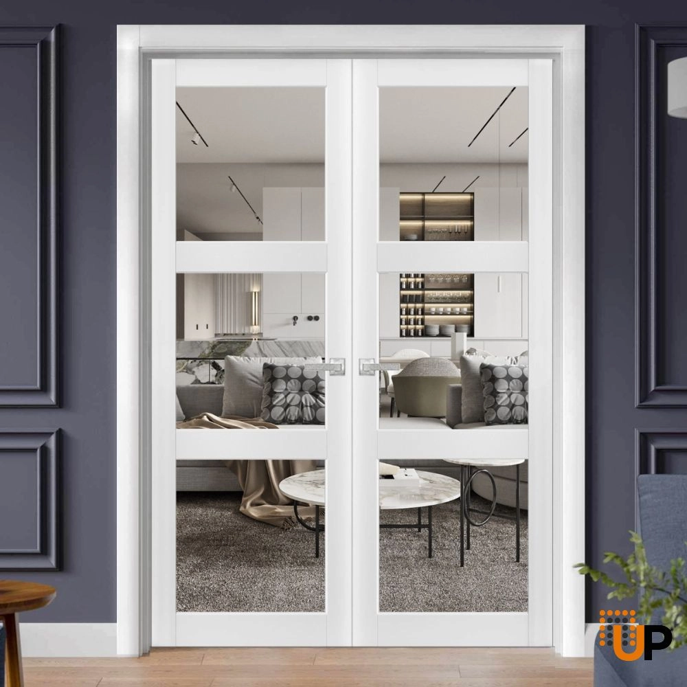 Double solid core french interior swing double door with clear glass | Lucia 2555 White | 36 x 80 (2* 18x80) photo#2