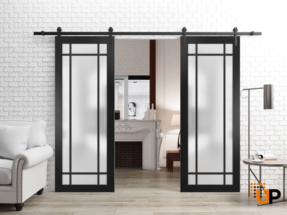 Double solid core sliding french interior barn double door with frosted glass | Planum 2112 Black Matte | 36 x 80 (2* 18x80) photo#2