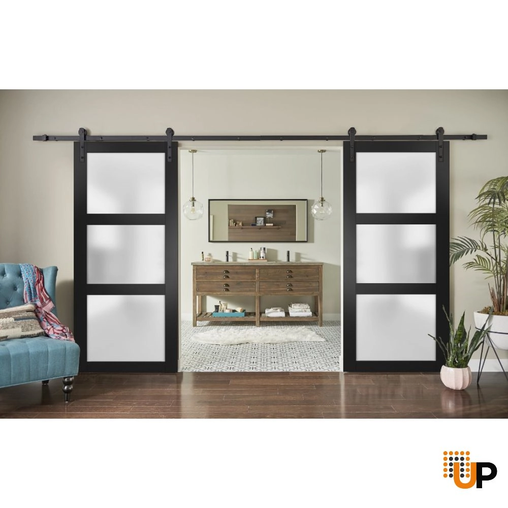Double solid core sliding french interior barn double door with frosted glass | Lucia 2552 Black Matte | 36 x 80 (2* 18x80) photo#2