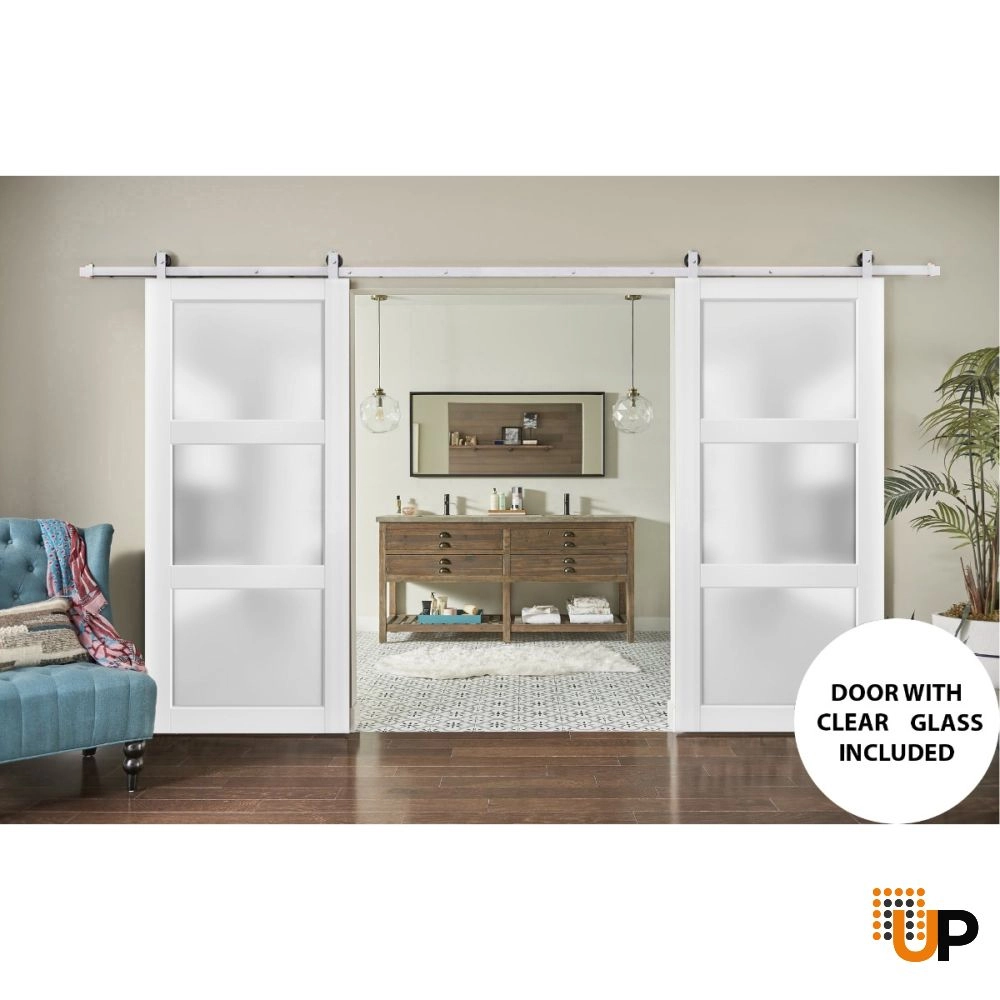 Double solid core sliding french interior barn double door with frosted glass | Lucia 2552 White | 36 x 80 (2* 18x80) photo#2