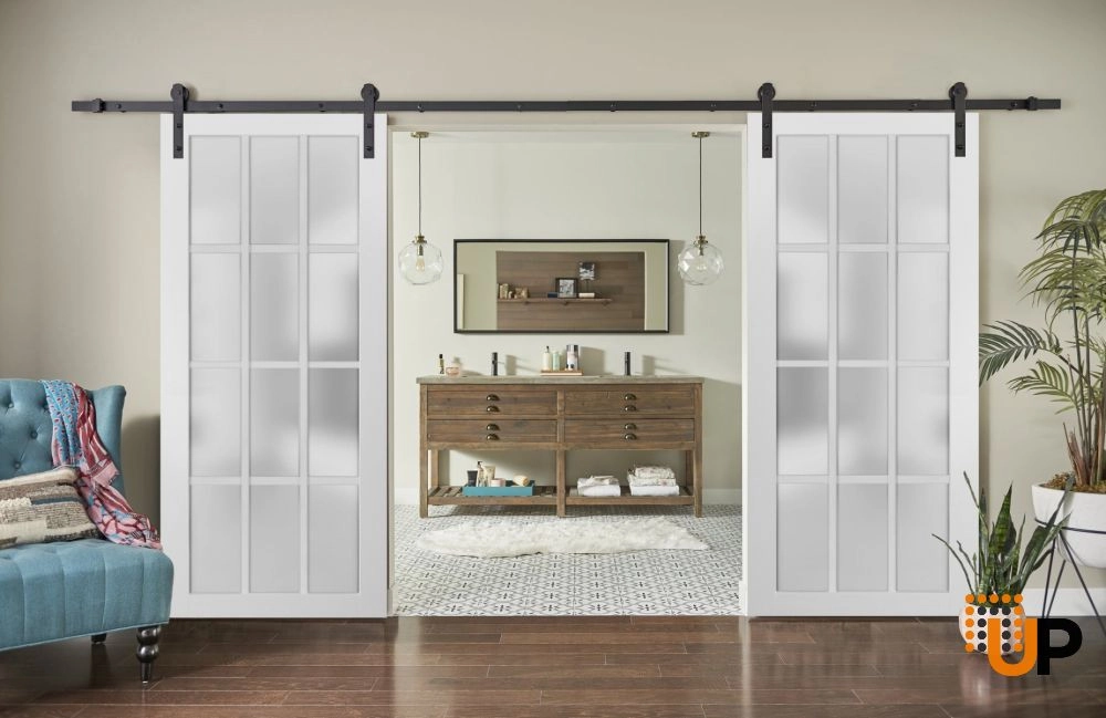 Double solid core sliding french interior barn double door with frosted glass | Felicia 3312 White | 36 x 80 (2* 18x80) photo#2