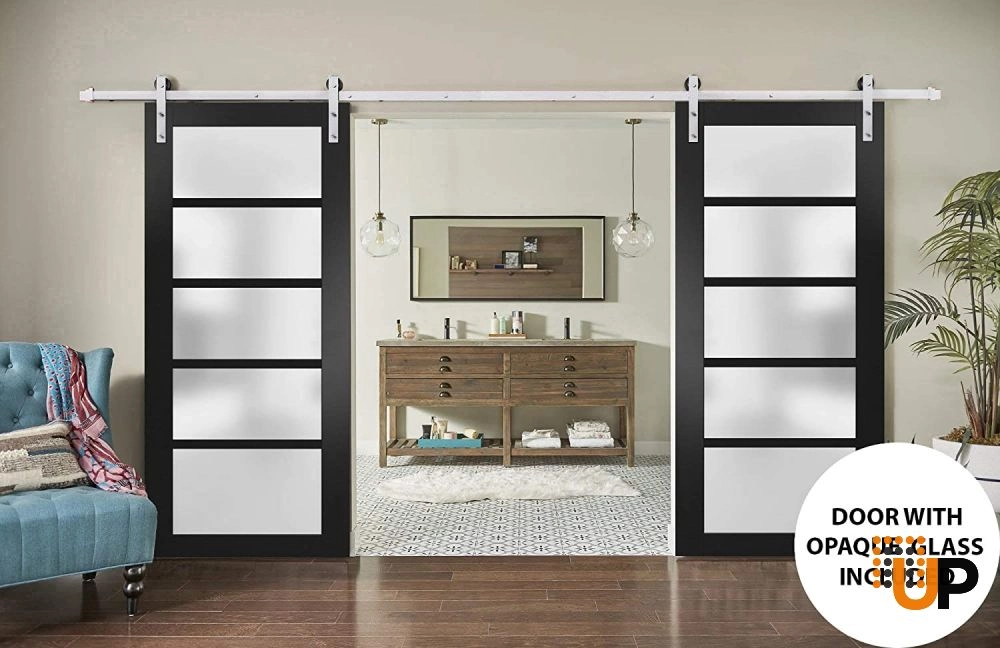 Double mdf sliding french interior barn double door with frosted glass | Quadro 4002  Black Matte | 36 x 80 (2* 18x80) photo#2