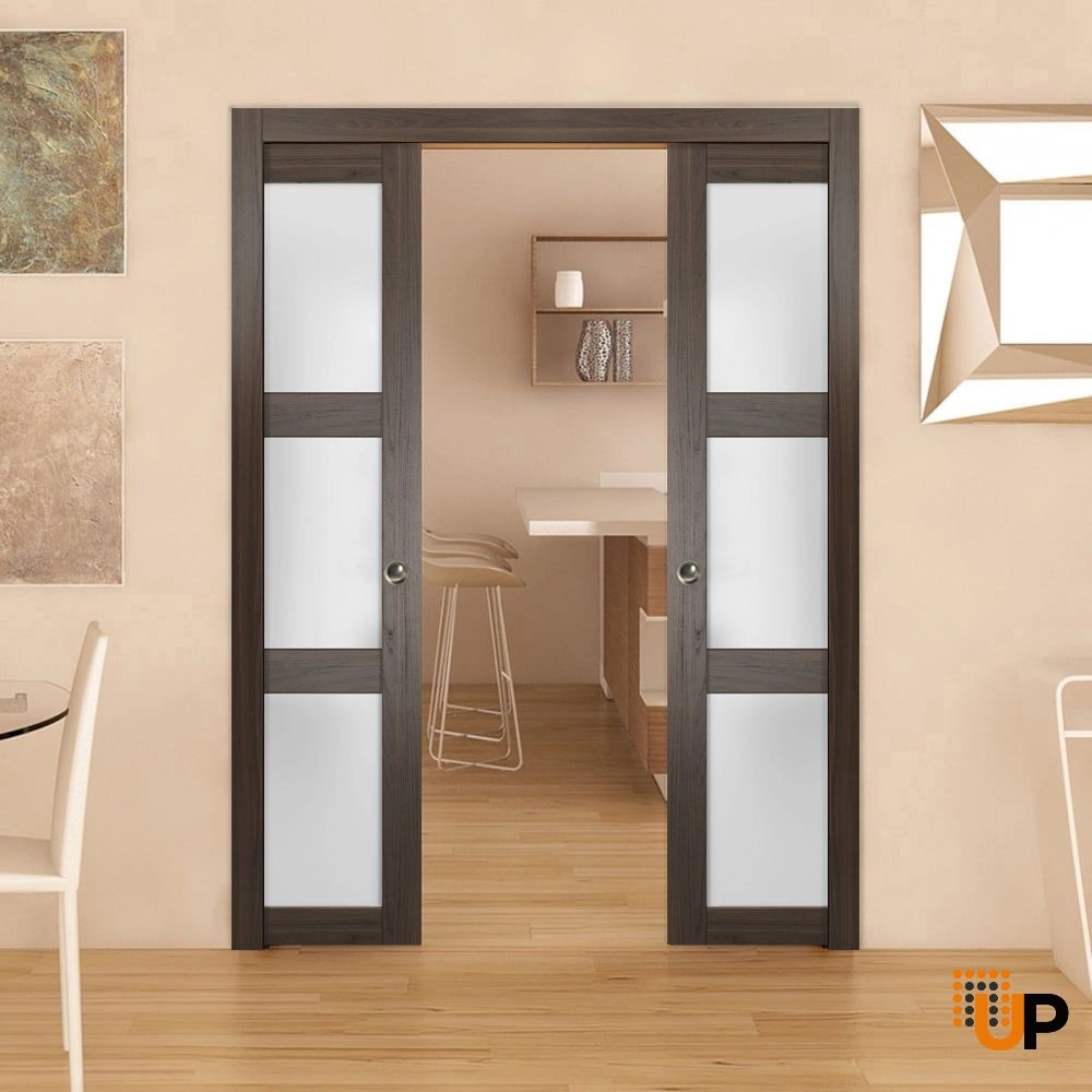 Double mdf sliding french interior pocket double door with frosted glass | Quadro 4002  Chocolate Ash | 36 x 80 (2* 18x80) photo#2