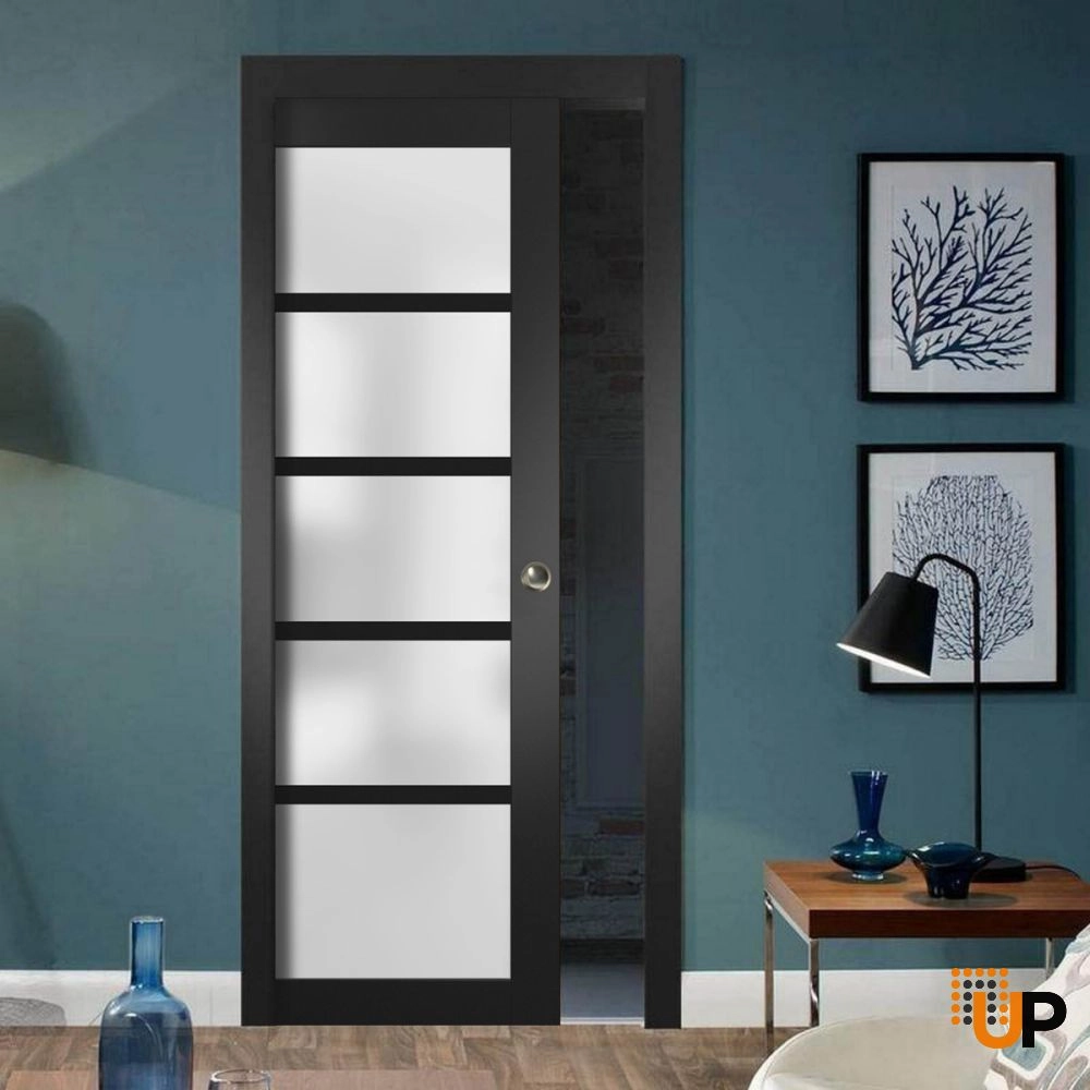 Single mdf luxury interior door slab with frosted glass | Quadro 4002  Black Matte | 18 x 80 photo#3