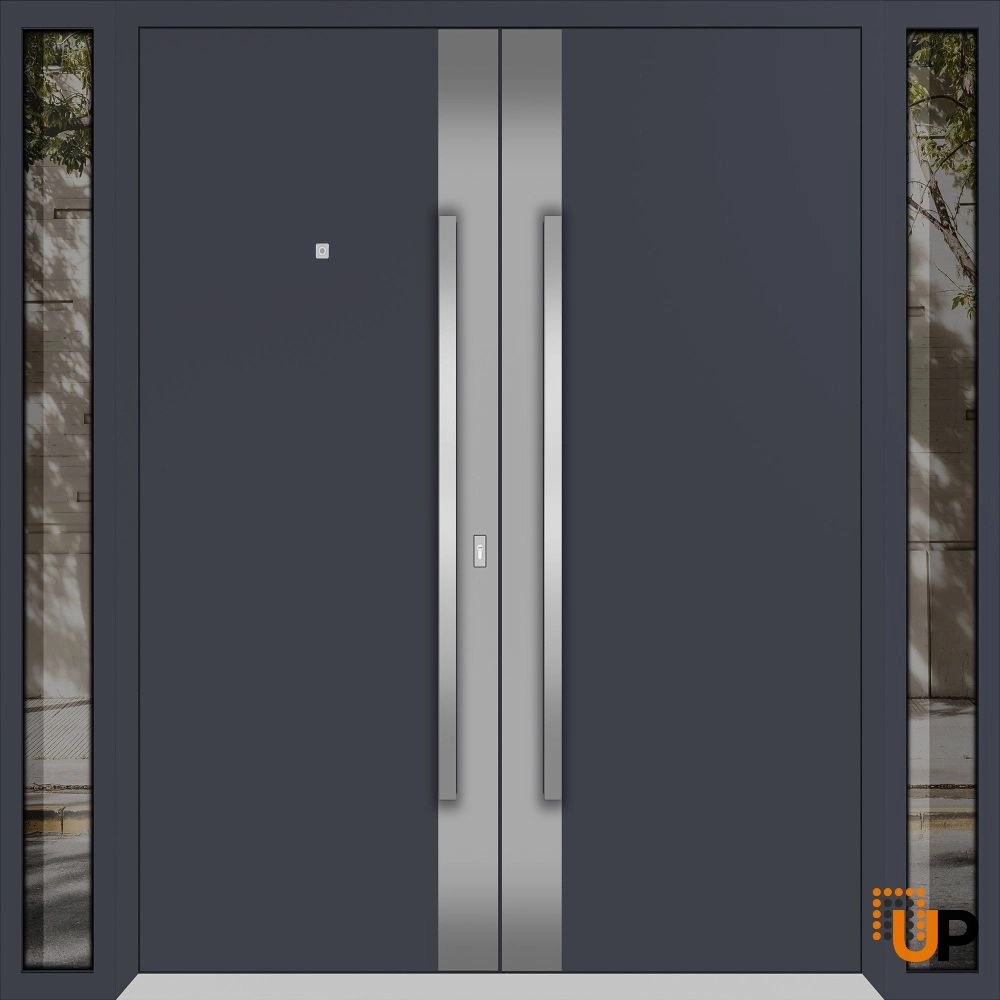 Double swing metal-aluminum modern exterior door with clear-mirrored glass | Deux 0729 Black Enamel | 96 x 80 (12+72+12 x 80) photo#1