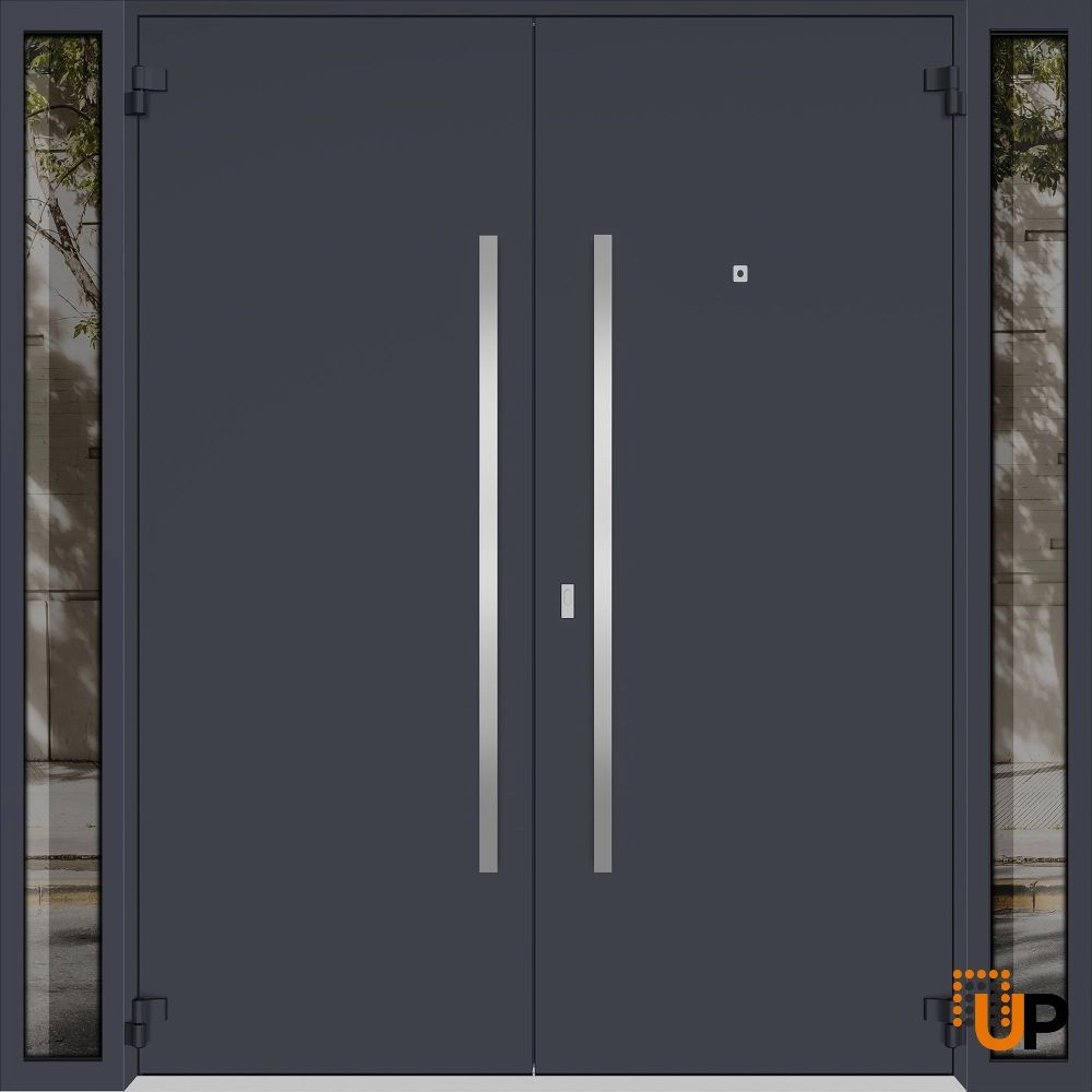 Double swing metal-aluminum modern exterior door with clear-mirrored glass | Deux 0729 Black Enamel | 96 x 80 (12+72+12 x 80) photo#2