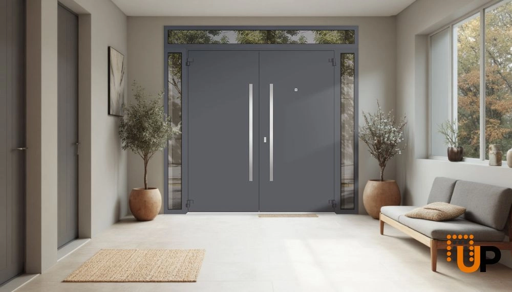 Double swing metal-aluminum modern exterior door with clear-mirrored glass | Deux 0729 Black Enamel | 100 x 96 (14+72+14 x 80+16) photo#4