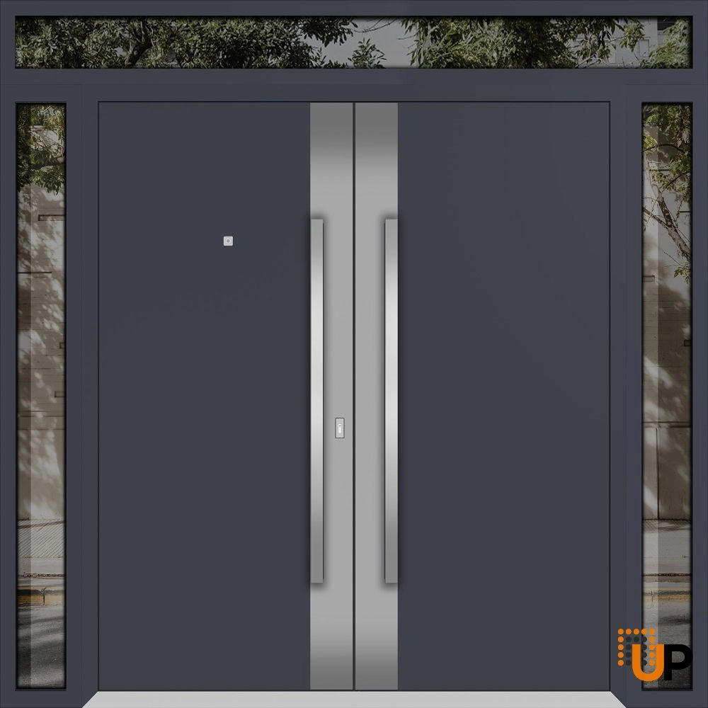 Double swing metal-aluminum modern exterior door with clear-mirrored glass | Deux 0729 Black Enamel | 104 x 96 (16+72+16 x 80+16) photo#1