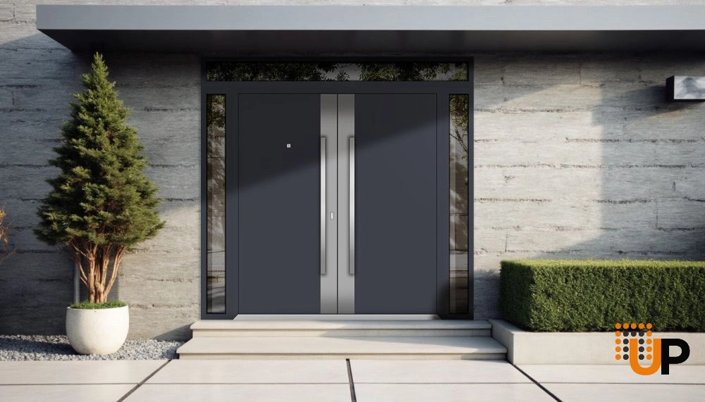 Double swing metal-aluminum modern exterior door with clear-mirrored glass | Deux 0729 Black Enamel | 104 x 112 (16+72+16 x 96+16) photo#3