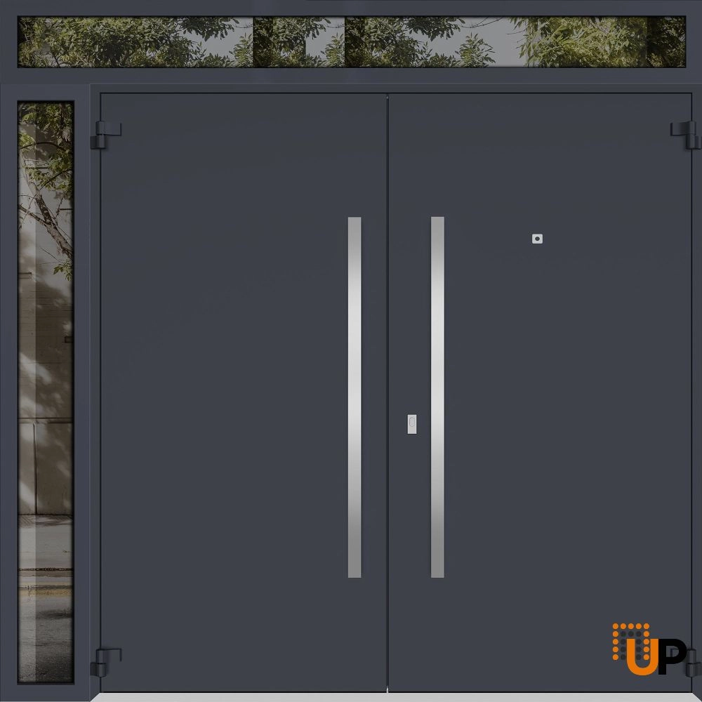 Double swing metal-aluminum modern exterior door with clear-mirrored glass | Deux 0729 Black Enamel | 84 x 110 (72+12 x 96+14) photo#2