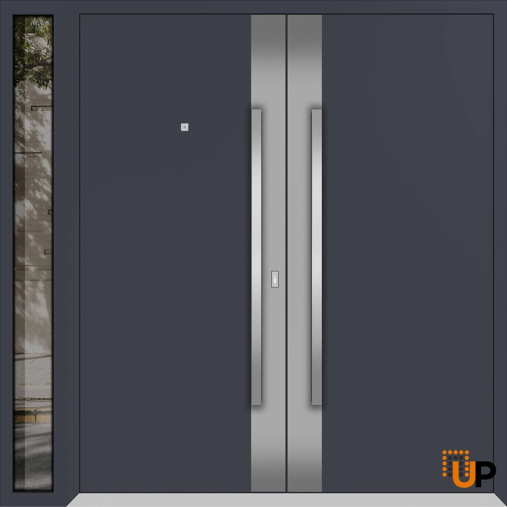 Double swing metal-aluminum modern exterior door with clear-mirrored glass | Deux 0729 Black Enamel | 88 x 80 (72+16 x 80) photo#1