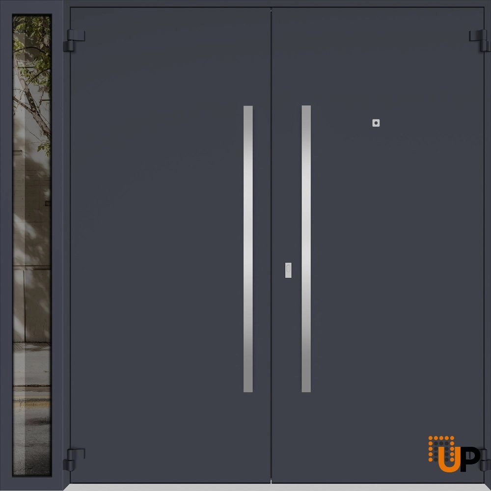 Double swing metal-aluminum modern exterior door with clear-mirrored glass | Deux 0729 Black Enamel | 88 x 96 (72+16 x 96) photo#2