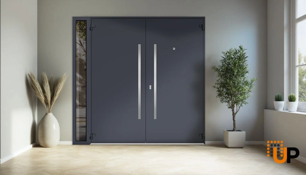 Double swing metal-aluminum modern exterior door with clear-mirrored glass | Deux 0729 Black Enamel | 88 x 96 (72+16 x 96) photo#4