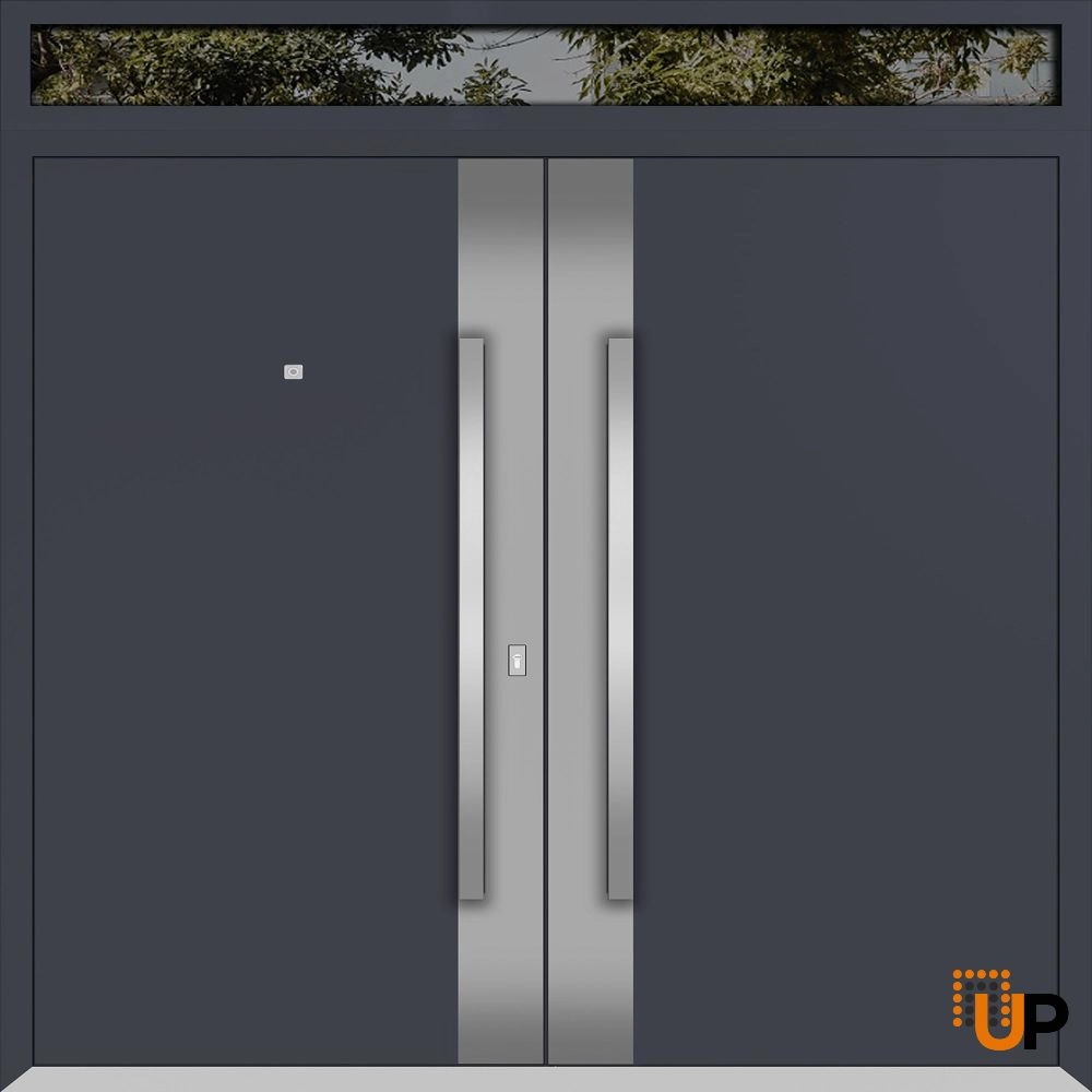 Double swing metal-aluminum modern exterior door with clear-mirrored glass | Deux 0729 Black Enamel | 72 x 94 (72 x 80+14) photo#1