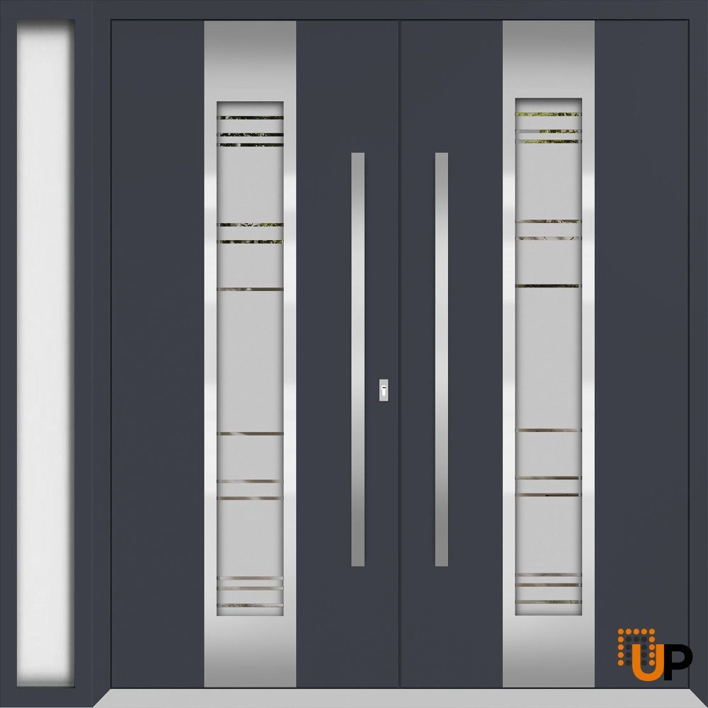 Double swing metal-aluminum modern exterior door with clear-mirrored glass | Deux 0757 Gray Graphite | 88 x 96 (72+16 x 96) photo#1