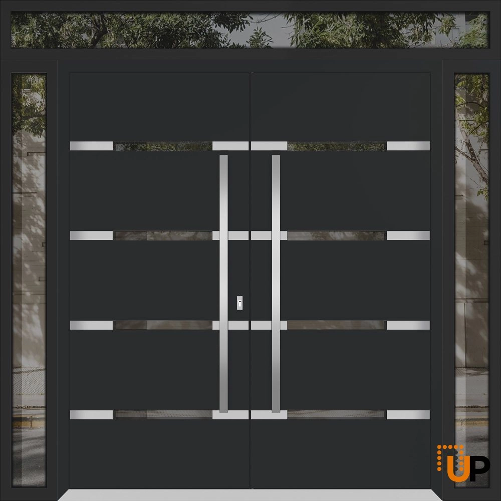 Double swing metal-aluminum modern exterior door with clear-mirrored glass | Deux 1105 Black Enamel | 96 x 94 (12+72+12 x 80+14) photo#1
