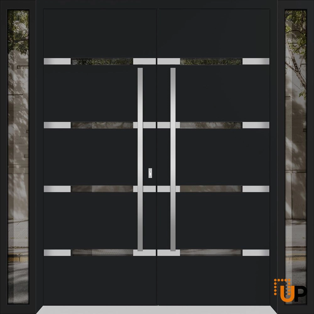 Double swing metal-aluminum modern exterior door with clear-mirrored glass | Deux 1105 Black Enamel | 96 x 96 (12+72+12 x 96) photo#1