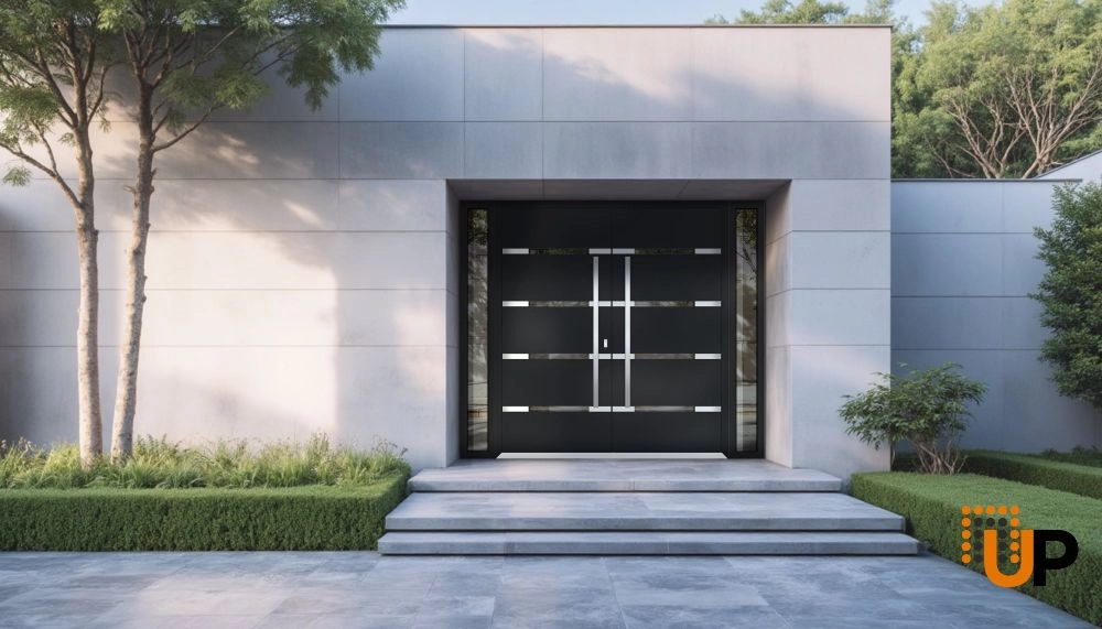 Double swing metal-aluminum modern exterior door with clear-mirrored glass | Deux 1105 Black Enamel | 96 x 96 (12+72+12 x 96) photo#3