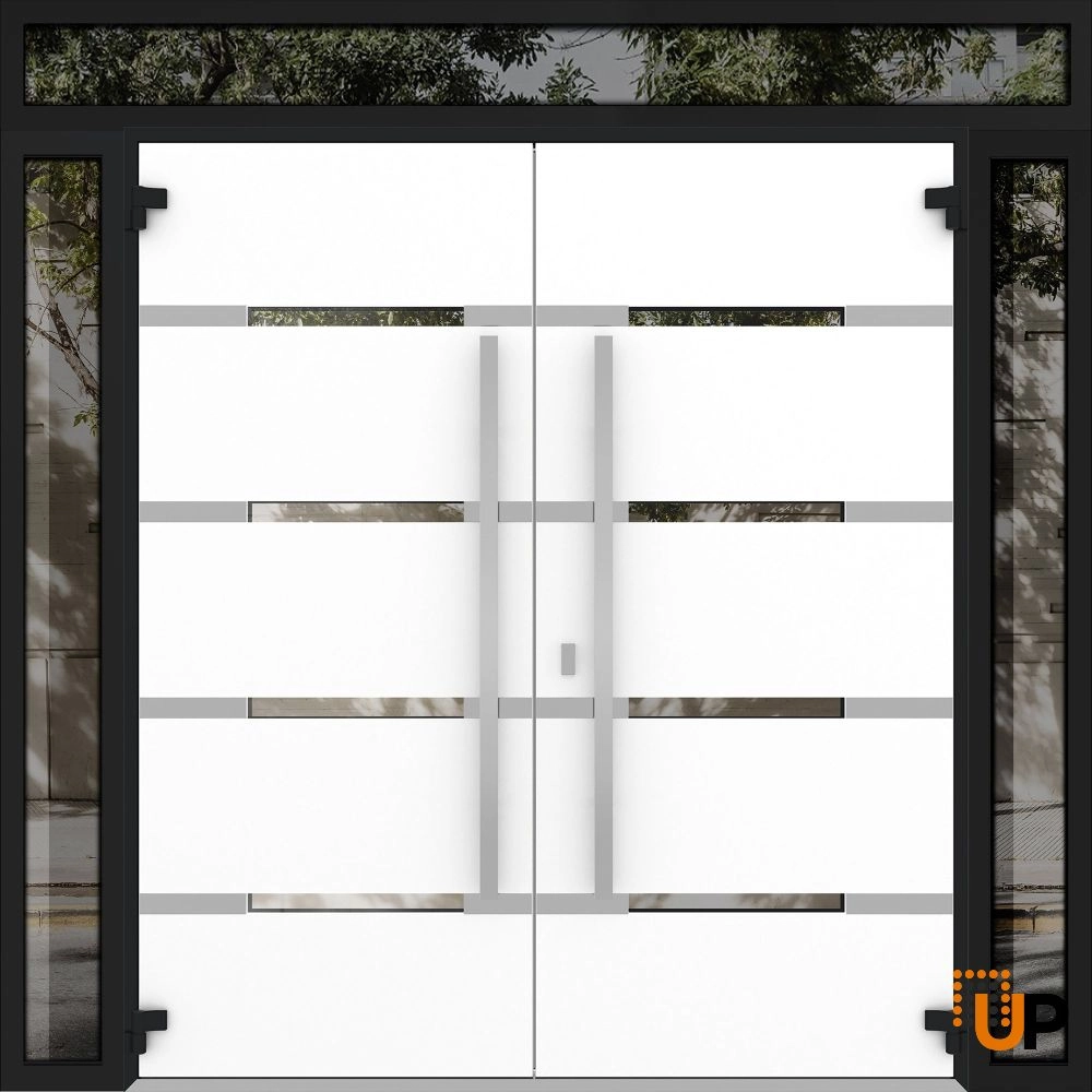 Double swing metal-aluminum modern exterior door with clear-mirrored glass | Deux 1105 Black Enamel | 100 x 108 (14+72+14 x 96+12) photo#2