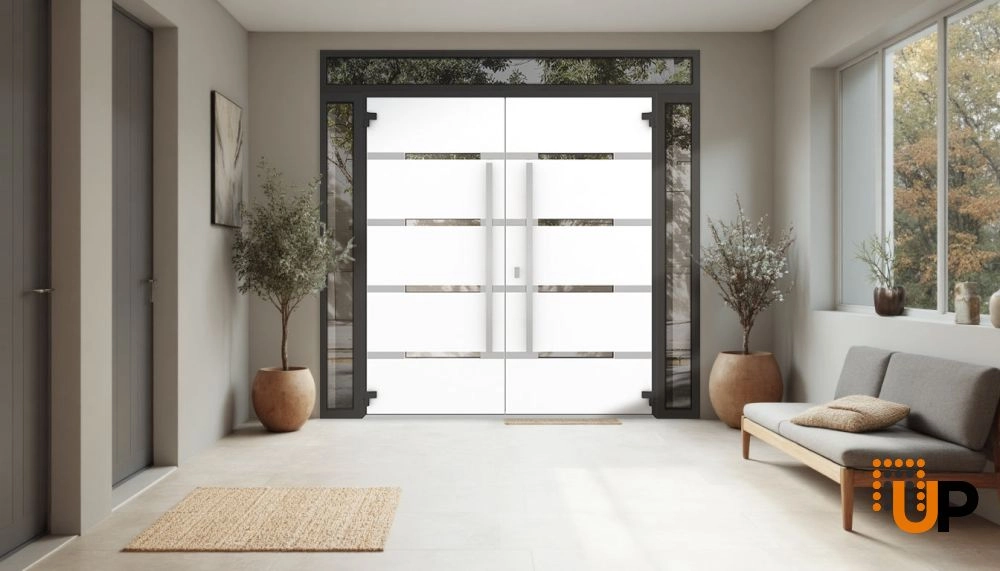 Double swing metal-aluminum modern exterior door with clear-mirrored glass | Deux 1105 Black Enamel | 104 x 96 (16+72+16 x 80+16) photo#4