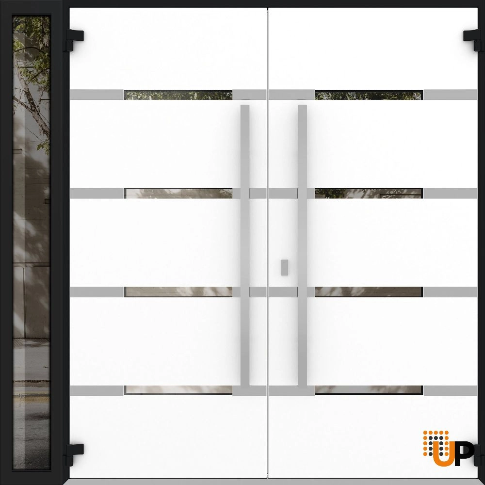 Double swing metal-aluminum modern exterior door with clear-mirrored glass | Deux 1105 Black Enamel | 84 x 96 (72+12 x 96) photo#2