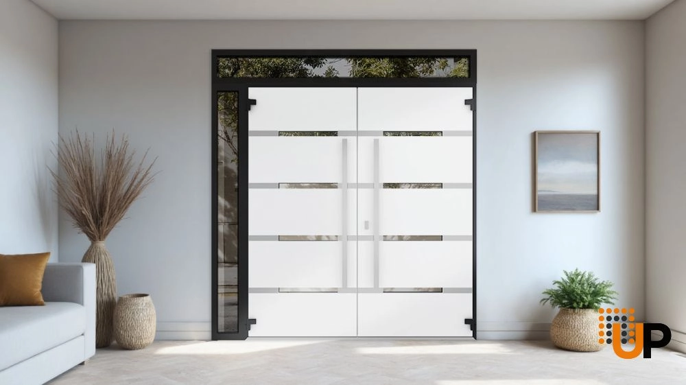 Double swing metal-aluminum modern exterior door with clear-mirrored glass | Deux 1105 Black Enamel | 86 x 110 (72+14 x 96+14) photo#4