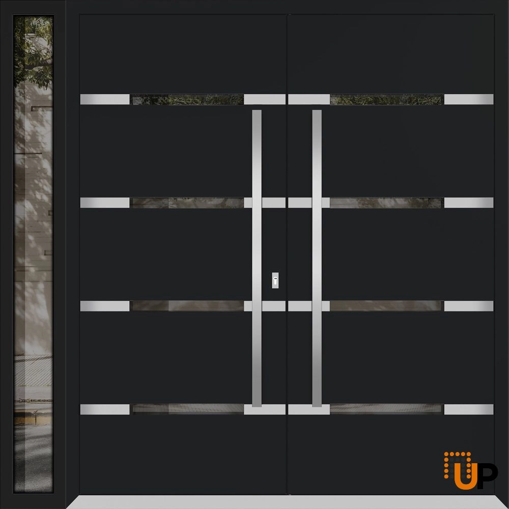 Double swing metal-aluminum modern exterior door with clear-mirrored glass | Deux 1105 Black Enamel | 88 x 80 (72+16 x 80) photo#1