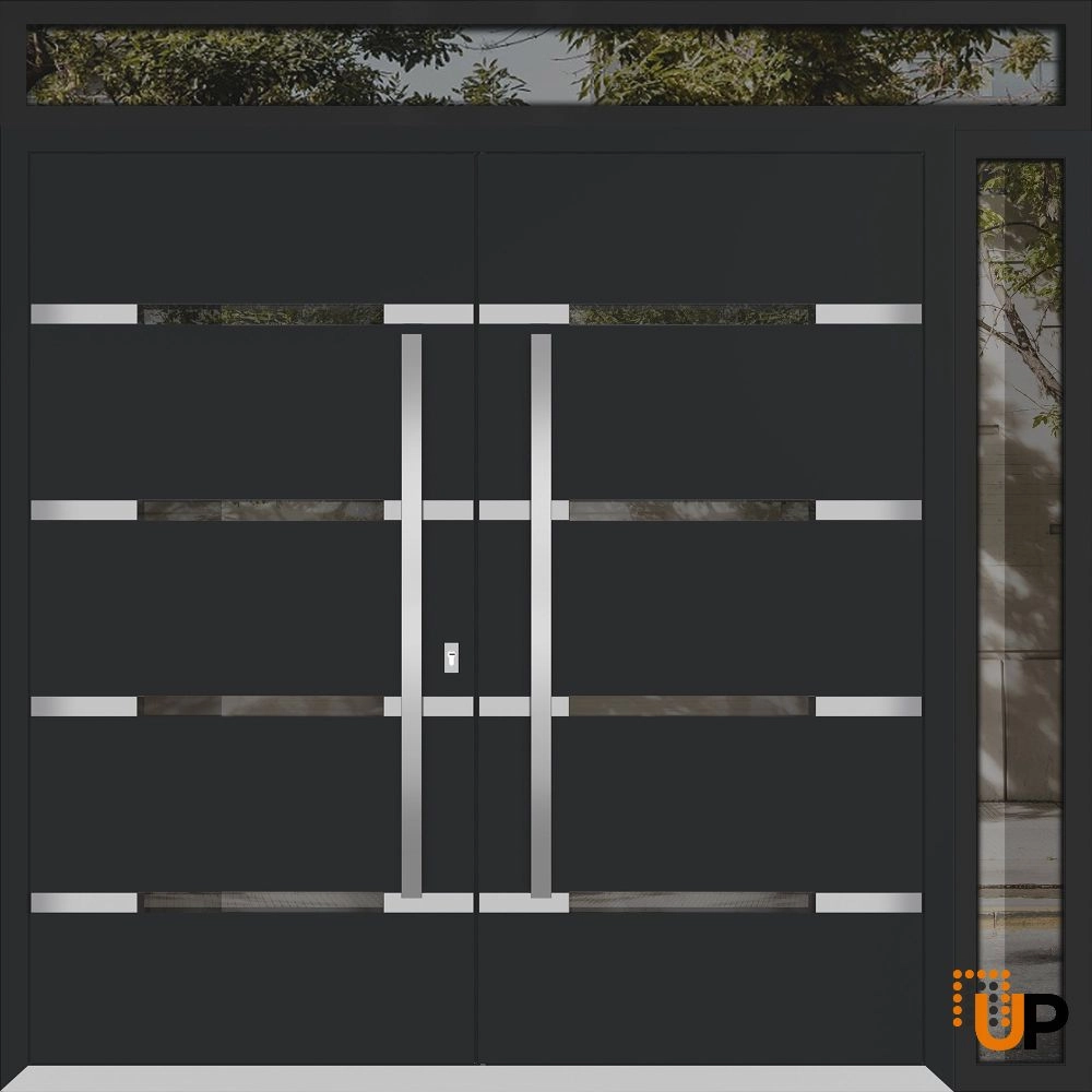 Double swing metal-aluminum modern exterior door with clear-mirrored glass | Deux 1105 Black Enamel | 88 x 112 (72+16 x 96+16) photo#1