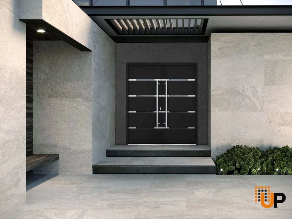 Double swing metal-aluminum modern exterior door with clear-mirrored glass | Deux 1105 Black Enamel | 72 x 80 (72 x 80) photo#3
