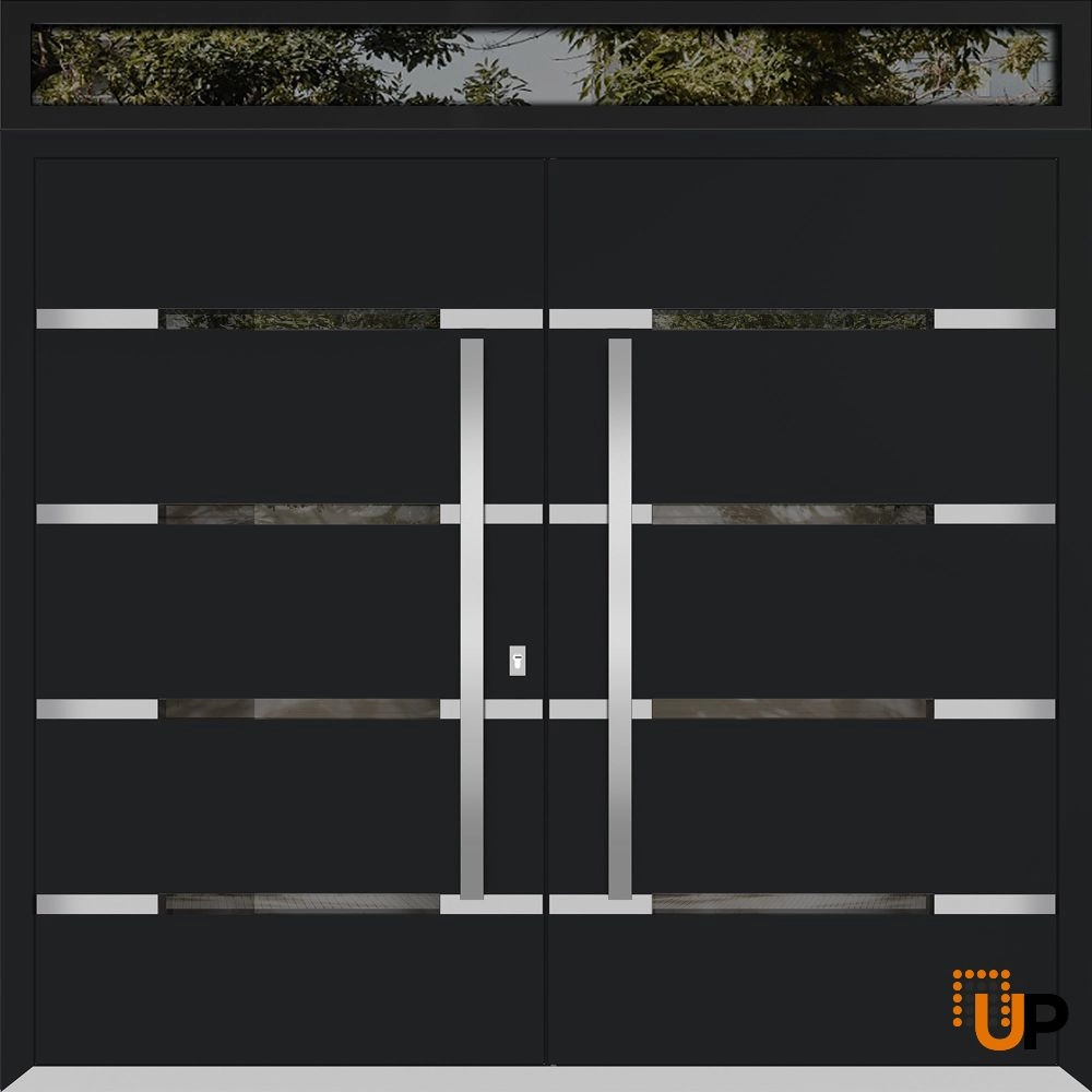Double swing metal-aluminum modern exterior door with clear-mirrored glass | Deux 1105 Black Enamel | 72 x 94 (72 x 80+14) photo#1