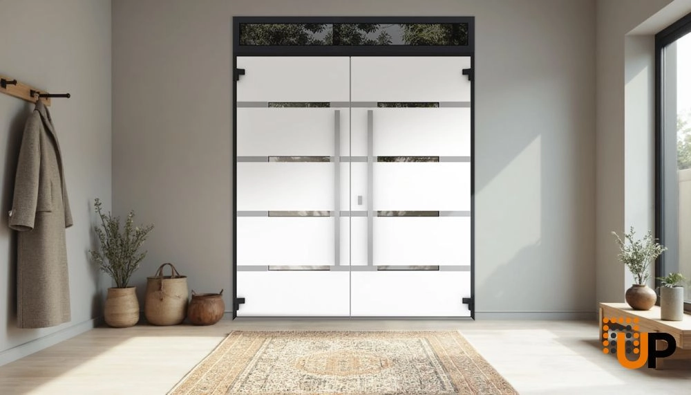 Double swing metal-aluminum modern exterior door with clear-mirrored glass | Deux 1105 Black Enamel | 72 x 96 (72 x 80+16) photo#4