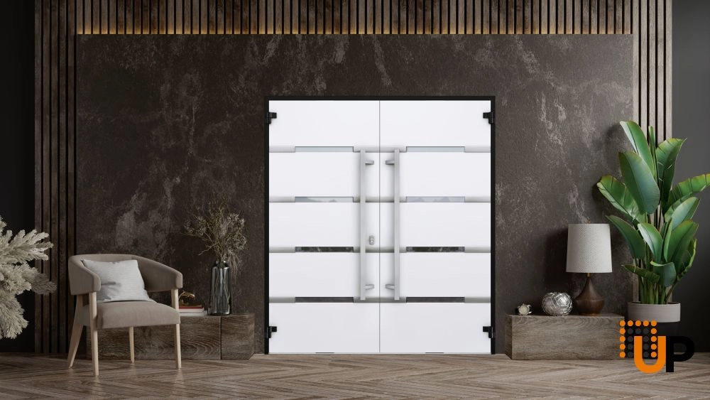 Double swing metal-aluminum modern exterior door with clear-mirrored glass | Deux 1105 Black Enamel | 72 x 96 (72 x 96) photo#4