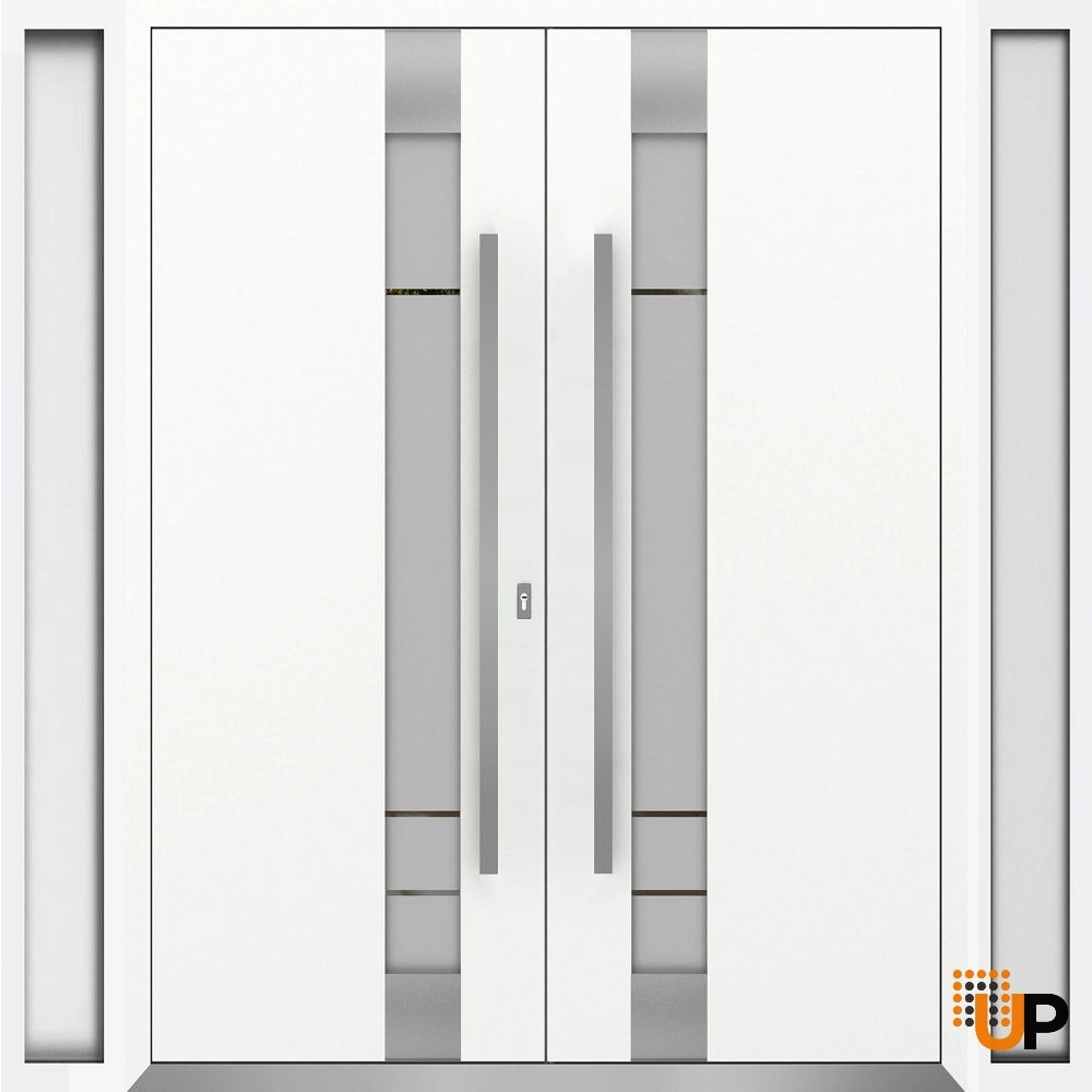 Double swing metal-aluminum modern exterior door with clear-mirrored glass | Deux 1713 White Enamel | 96 x 80 (12+72+12 x 80) photo#1
