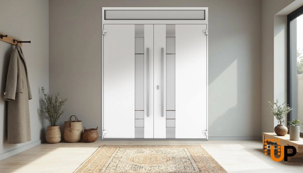 Double swing metal-aluminum modern exterior door with clear-mirrored glass | Deux 1713 White Enamel | 72 x 94 (72 x 80+14) photo#4