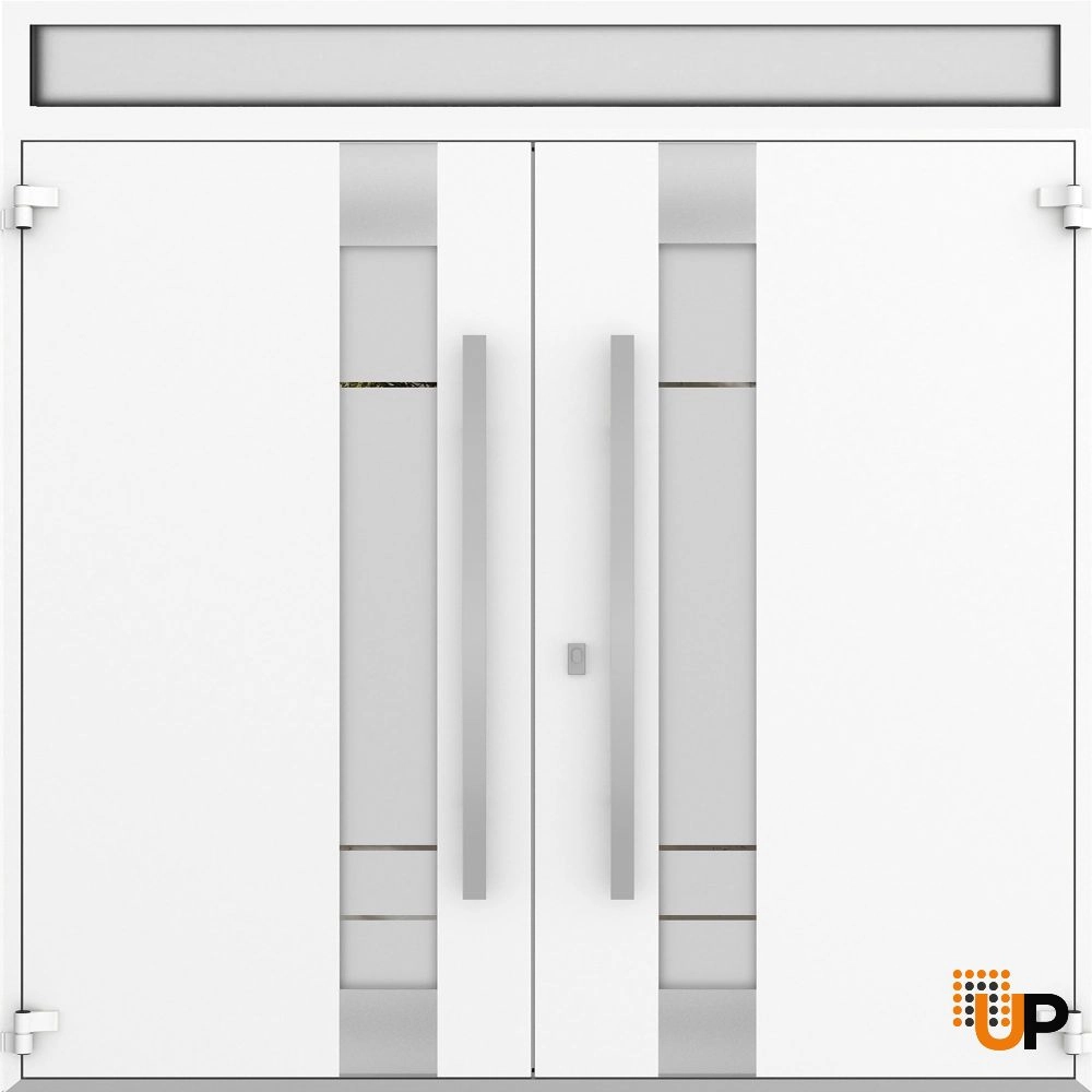 Double swing metal-aluminum modern exterior door with clear-mirrored glass | Deux 1713 White Enamel | 72 x 96 (72 x 80+16) photo#2