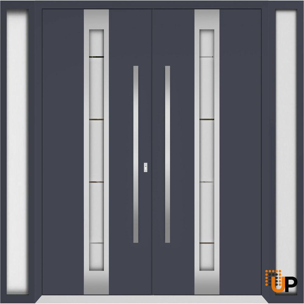 Double swing metal-aluminum modern exterior door with clear-mirrored glass | Deux 1717 Gray Graphite | 100 x 80 (14+72+14 x 80) photo#1