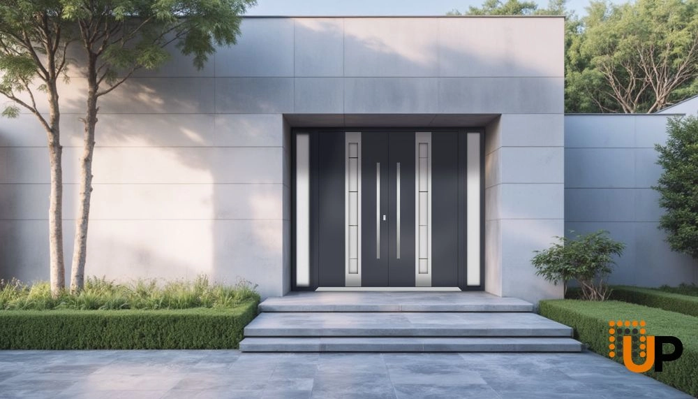 Double swing metal-aluminum modern exterior door with clear-mirrored glass | Deux 1717 Gray Graphite | 104 x 96 (16+72+16 x 96) photo#3