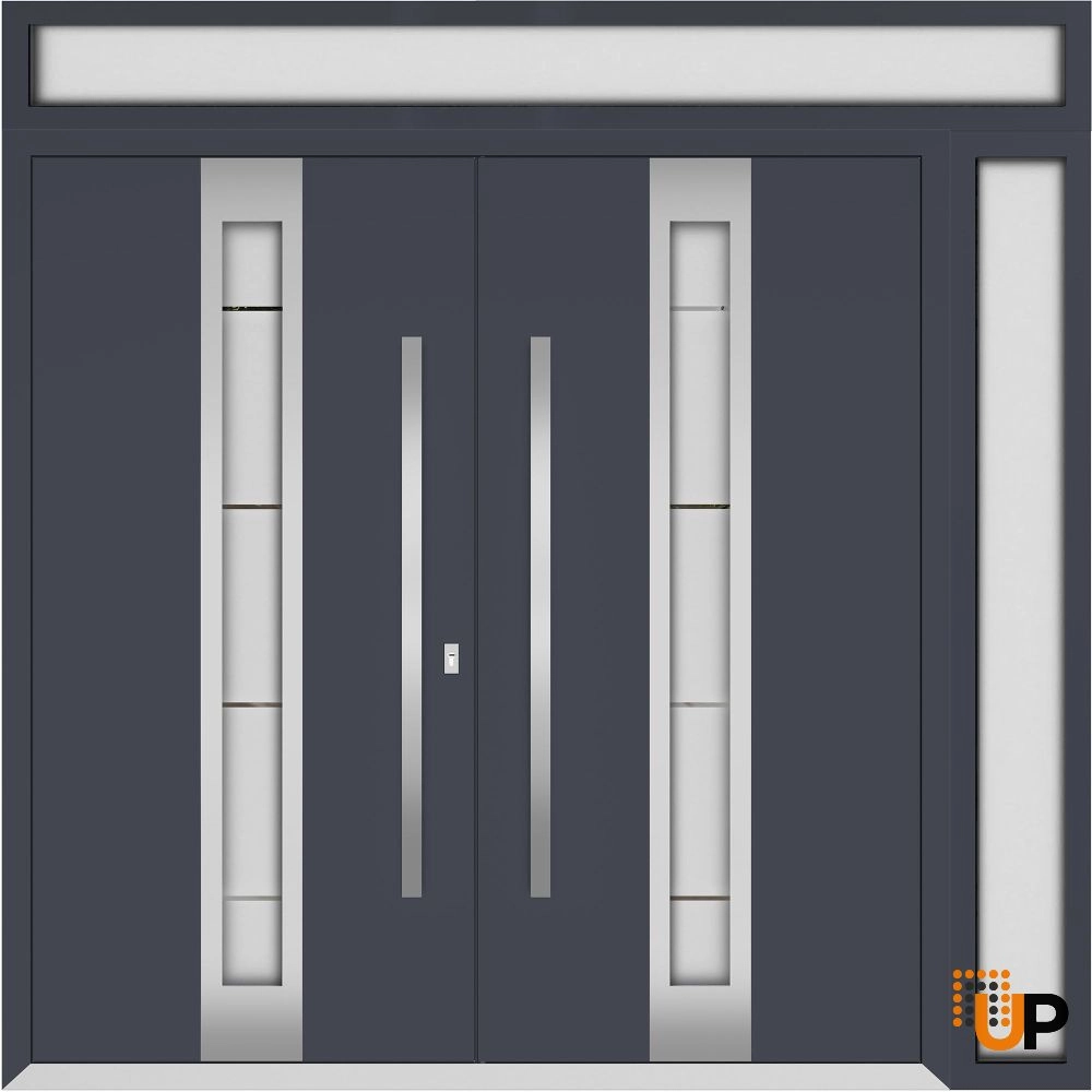 Double swing metal-aluminum modern exterior door with clear-mirrored glass | Deux 1717 Gray Graphite | 88 x 96 (72+16 x 80+16) photo#1