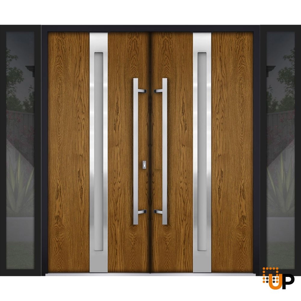 Double swing metal-aluminum modern exterior door with clear-mirrored glass | Deux 1744 Natural Oak | 96 x 96 (12+72+12 x 96) photo#1