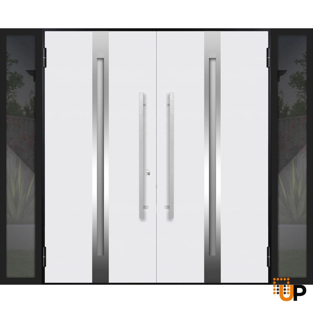 Double swing metal-aluminum modern exterior door with clear-mirrored glass | Deux 1744 Natural Oak | 104 x 96 (16+72+16 x 96) photo#2