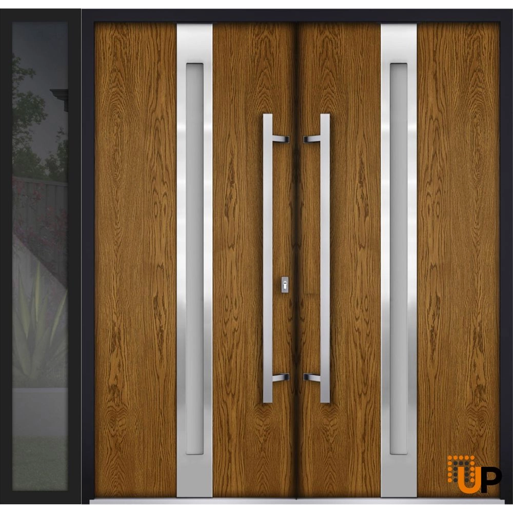 Double swing metal-aluminum modern exterior door with clear-mirrored glass | Deux 1744 Natural Oak | 88 x 80 (72+16 x 80) photo#1