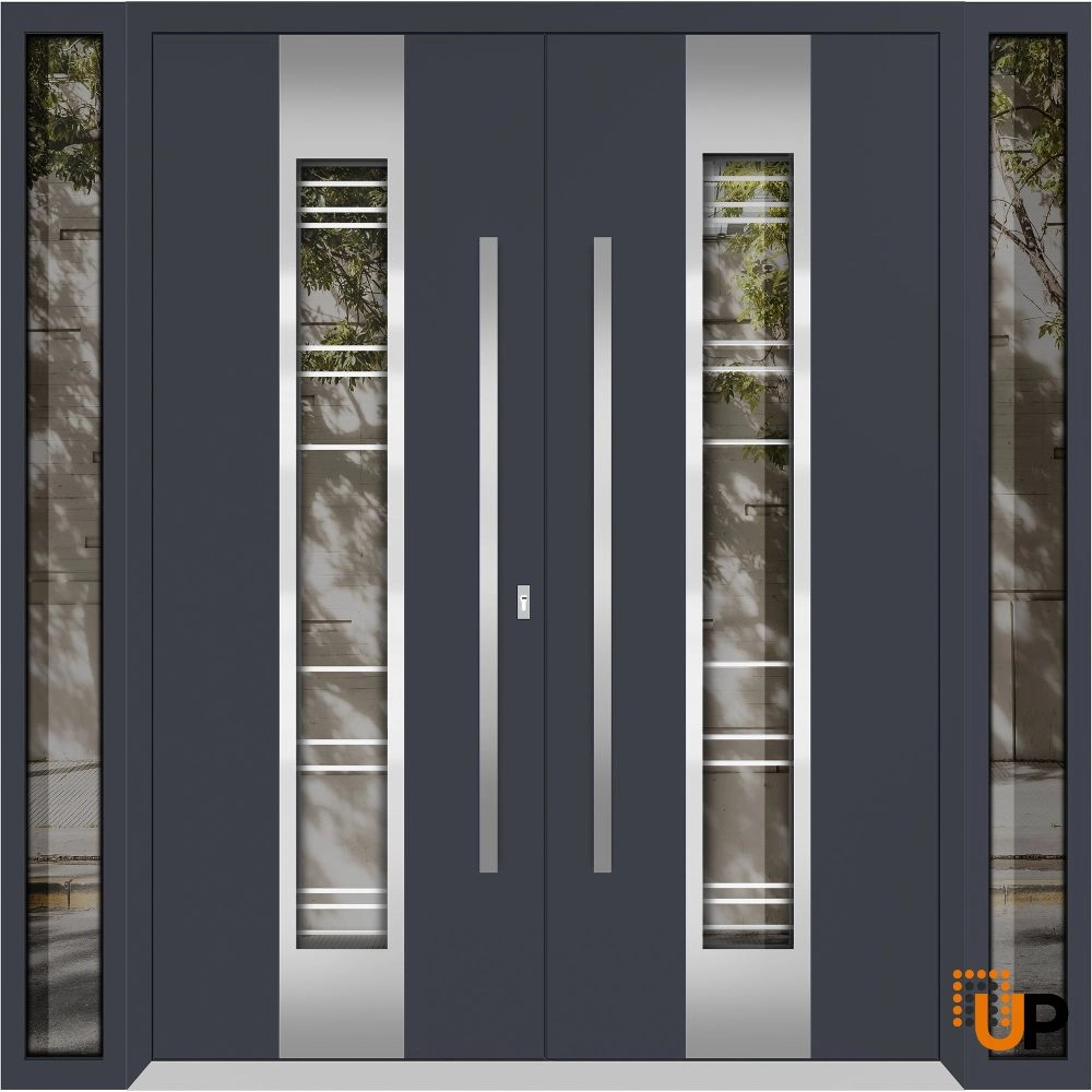 Double swing metal-aluminum modern exterior door with clear-mirrored glass | Deux 5755 Gray Graphite | 96 x 80 (12+72+12 x 80) photo#1