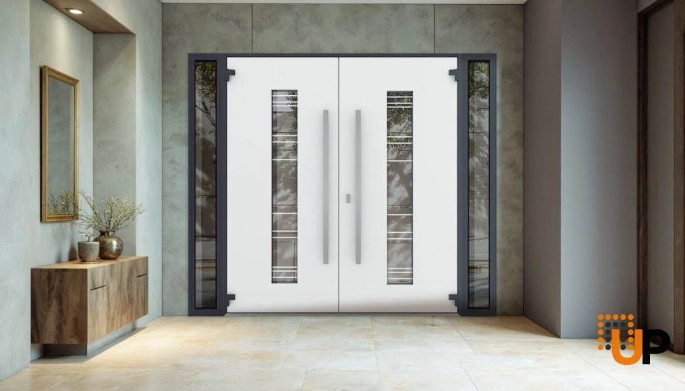 Double swing metal-aluminum modern exterior door with clear-mirrored glass | Deux 5755 Gray Graphite | 100 x 80 (14+72+14 x 80) photo#4